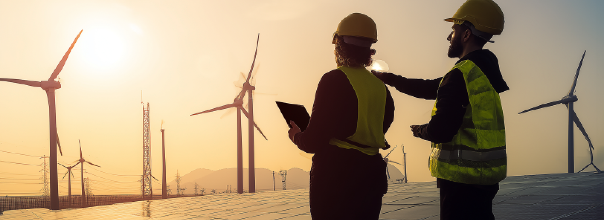solar panels and windmill workers
