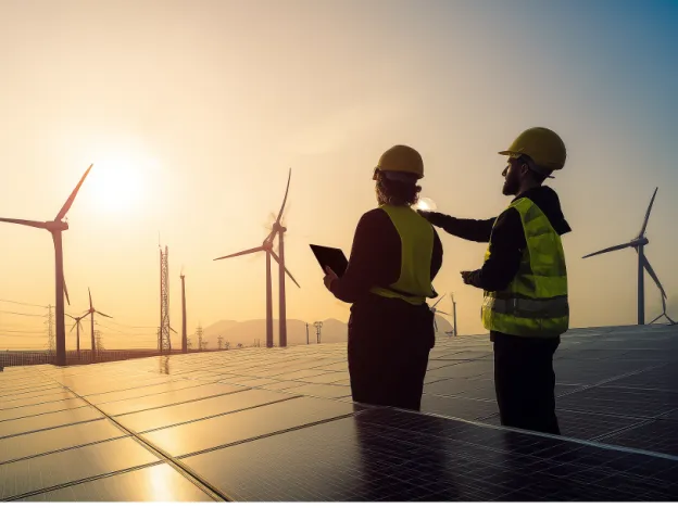 solar panels and windmill workers